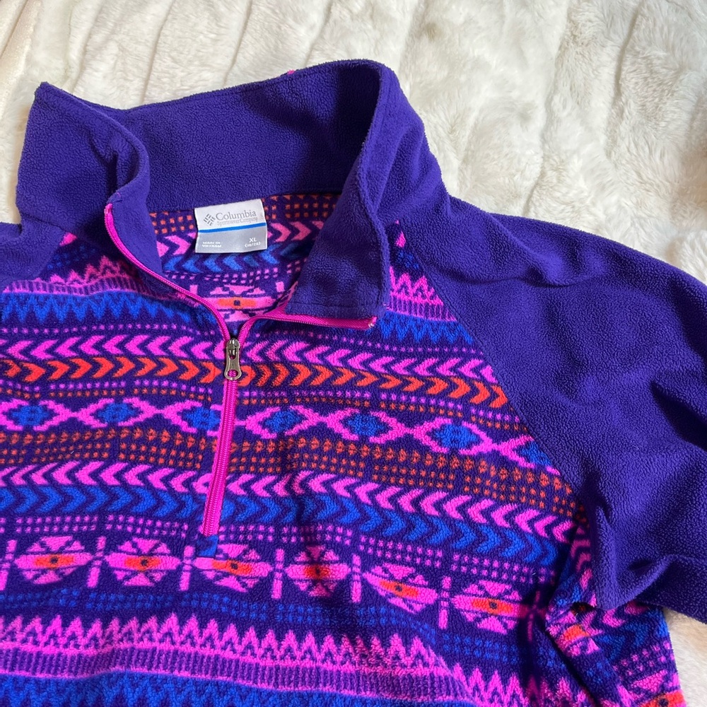 Columbia Girls XL 18/20 Purple Pink Bright Fair Isle Fleece Pullover Spring Top